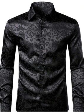 Men's Black Floral Jacquard Dress Shirt - Satin Finish